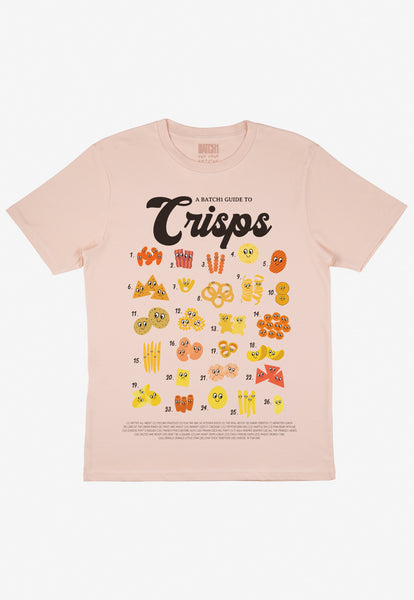 Flatlay of dusty peach tshirt with A guide to Crisps slogan and crisps character graphic
