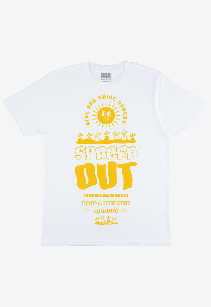 Flatlay of white summer t-shirt printed with bright yellow festival design, festival graphics and spaced out slogan with sun and veg patch