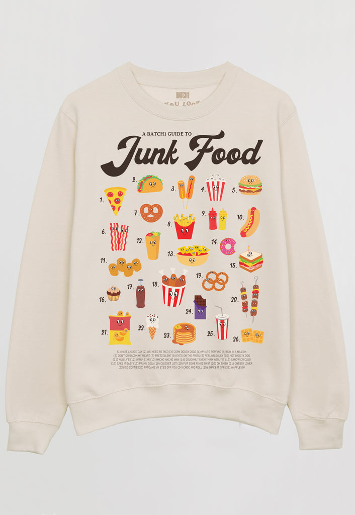 Flatlay of Junk food illustrated Guide sweatshirt