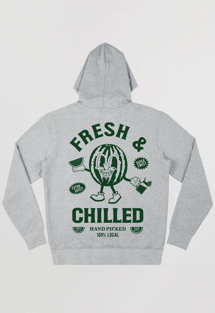Flatlay of fresh and chilled graphic back print hoodie