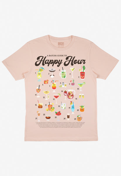 Flatlay of dusty peach tshirt with Happy Hour Cocktail guide graphic