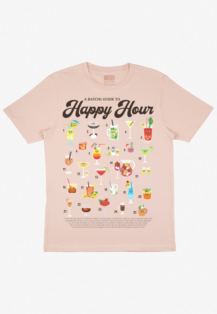 Flatlay of dusty peach tshirt with Happy Hour Cocktail guide graphic