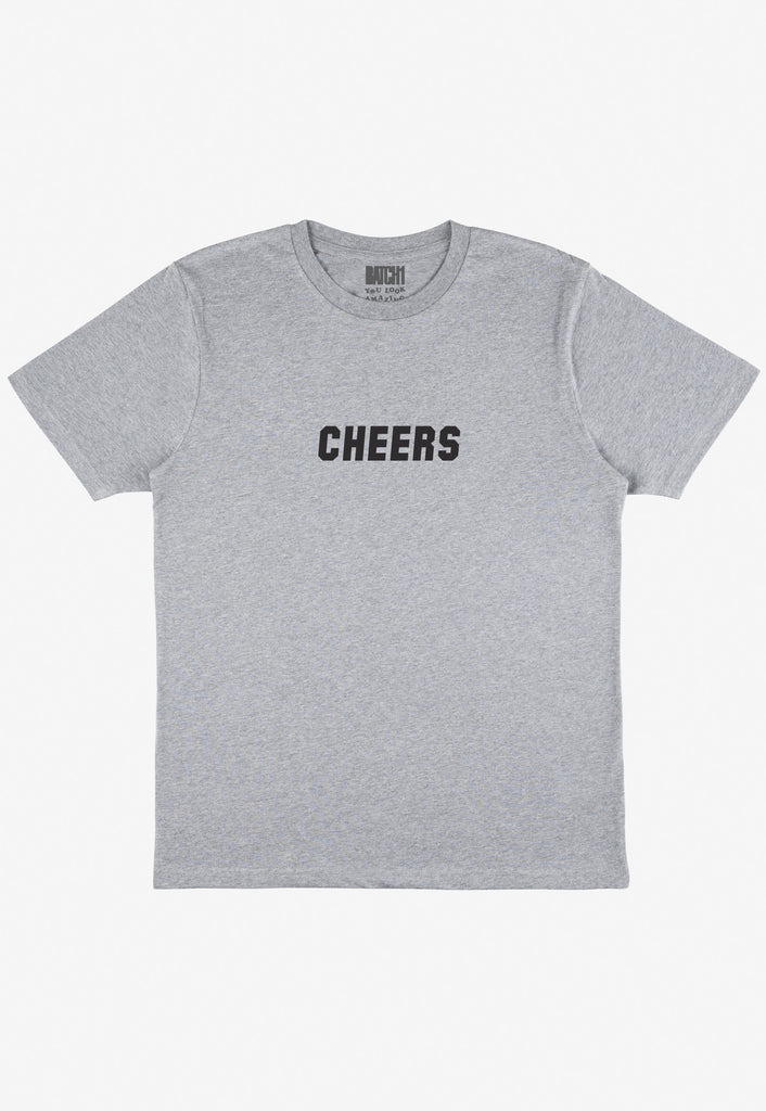 Flatlay of grey tshirt with Cheers slogan