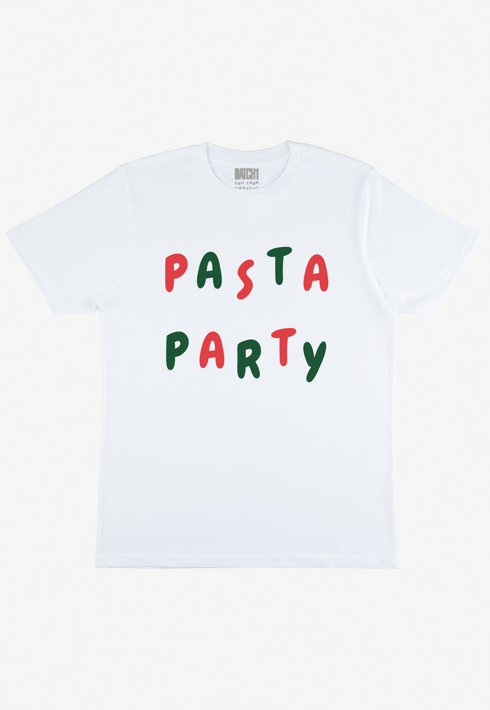 Flatlay of white tshirt with Pasta Party slogan 
