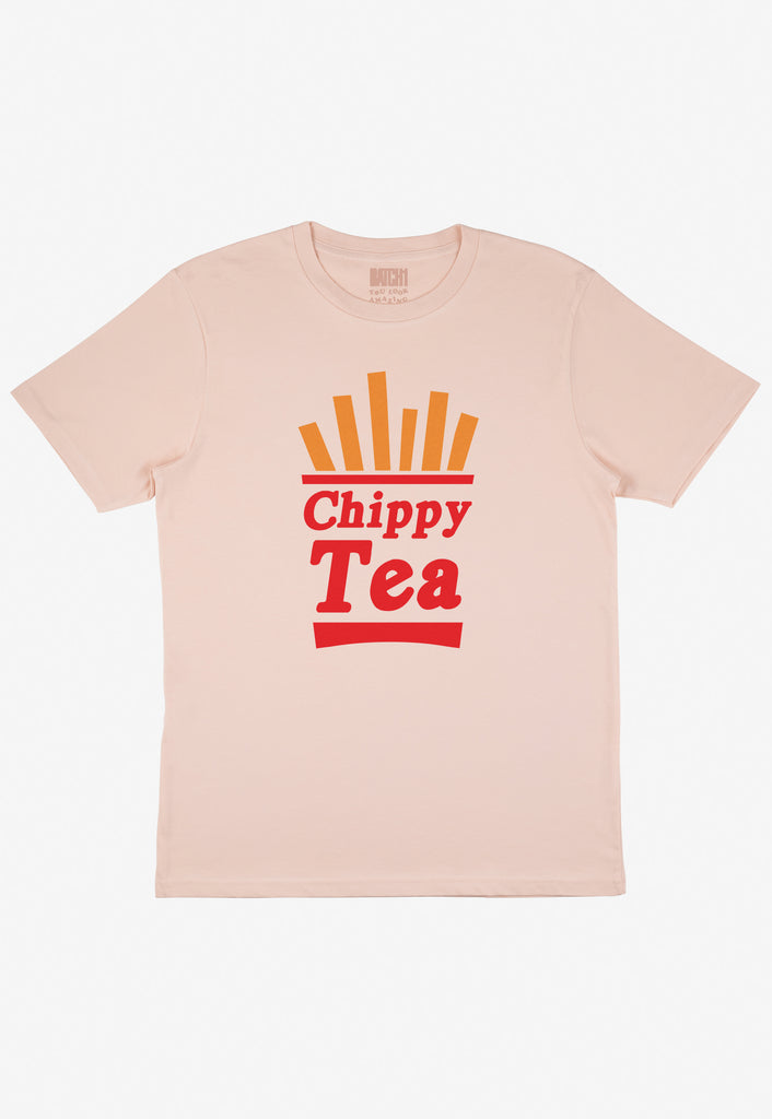 Flatlay of dusty peach tshirt with Chippy Tea slogan and fries/chips graphic
