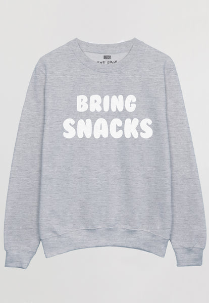 Flatlay of grey sweatshirt with Bring Snacks slogan 