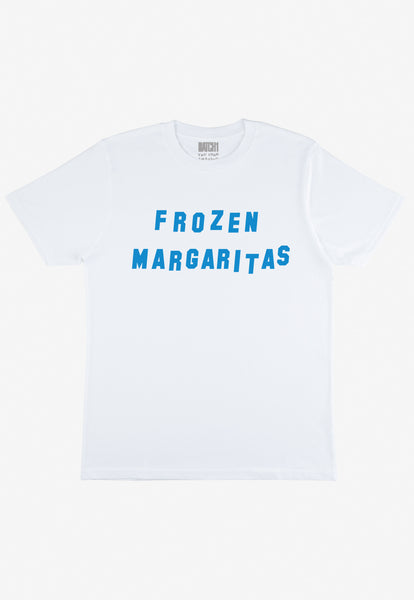 Flatlay of white tshirt with Frozen Margaritas slogan 