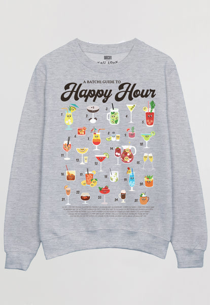 Flatlay of grey sweatshirt with Happy Hour slogan and cocktail guide character graphic