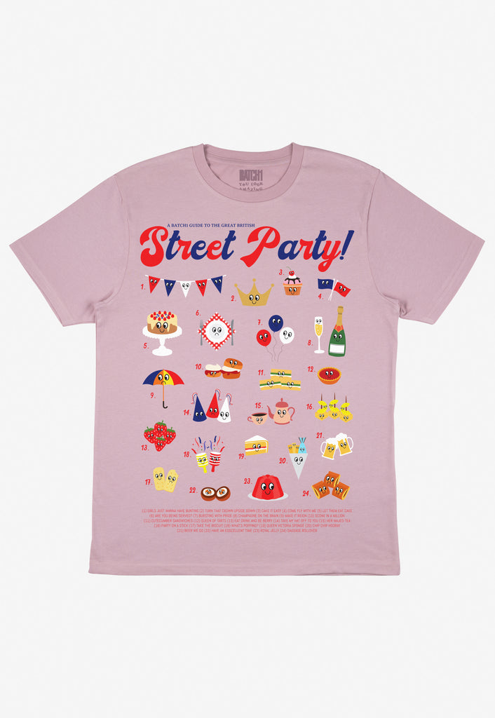Flatlay of pink tshirt with Street Party guide graphic for Platinum Jubilee 