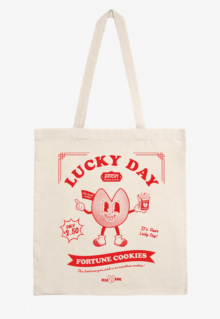 lucky day graphic print cotton tote bag with vintage cookie character