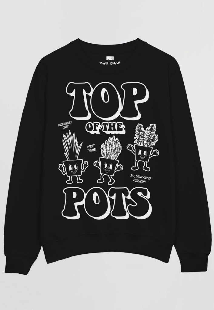Flatlay of black sweatshirt with Top of The Pots festival slogan and plant pot character graphic