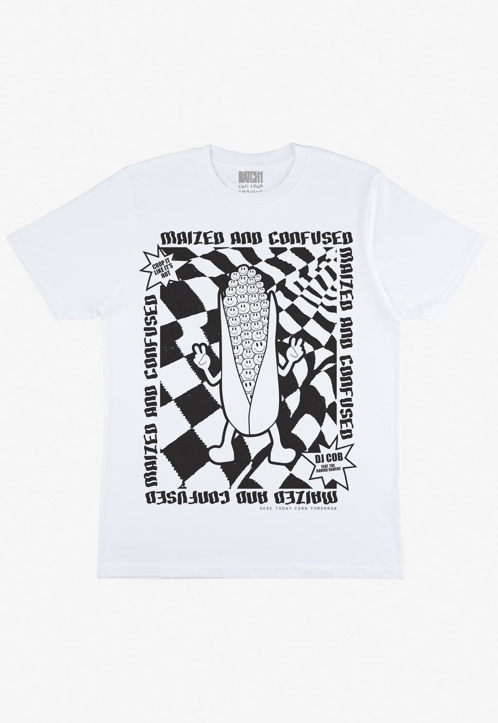 Flatlay of maized and confused slogan graphic tshirt