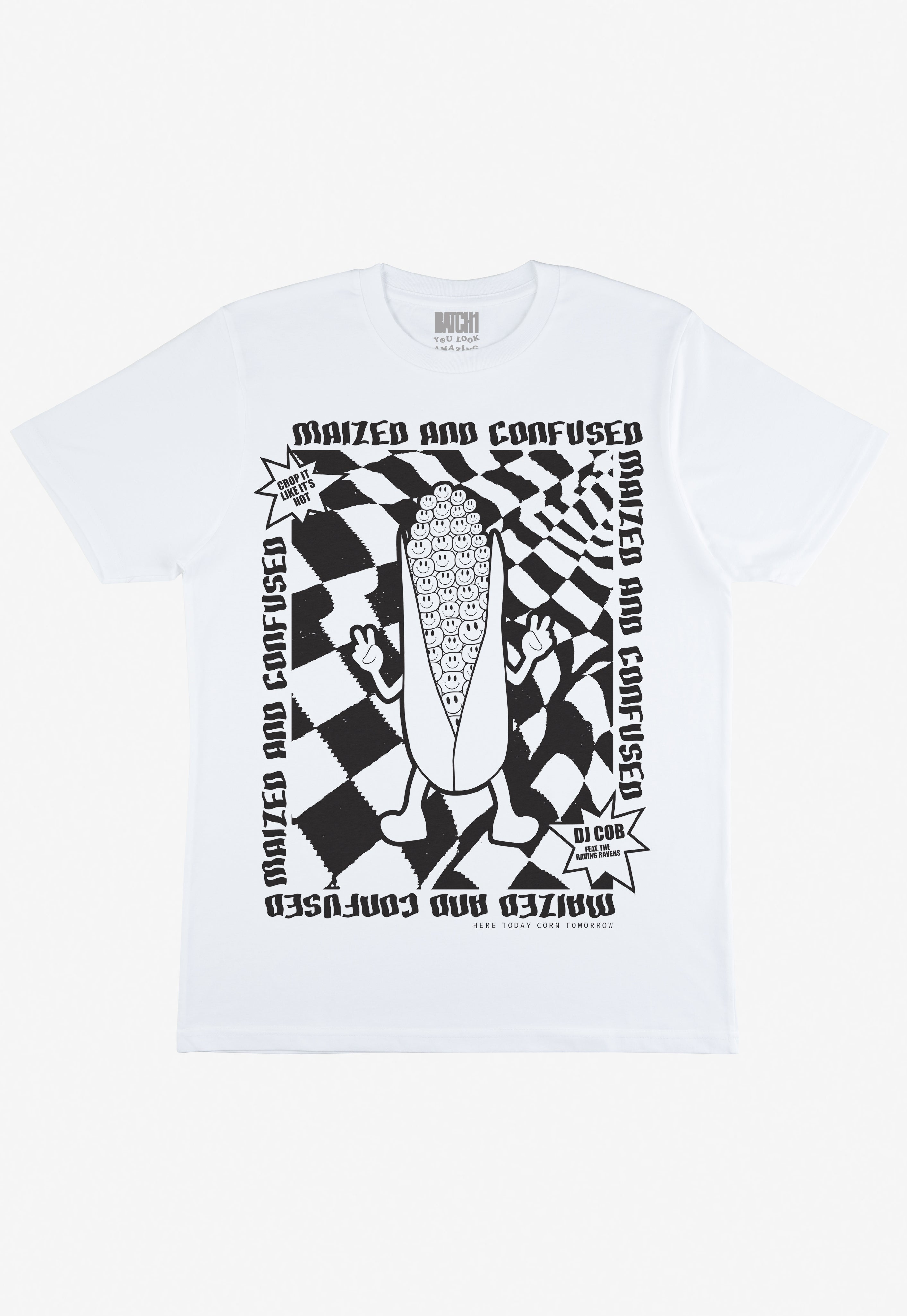 Flatlay of maized and confused slogan graphic tshirt