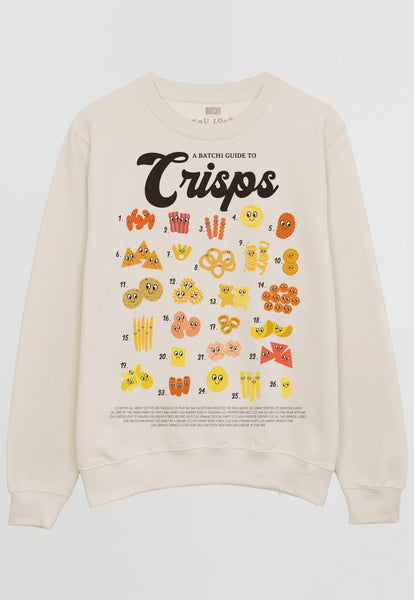 Flatlay of vanilla sweatshirt with printed Crisps guide and fun crips character graphics