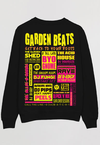 Flatlay of black sweatshirt with printed neon Garden Beats slogan