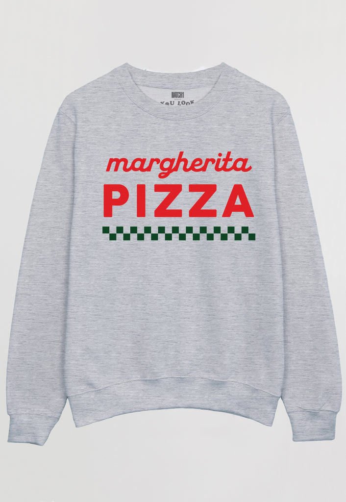 Flatlay of grey sweatshirt with Margherita slogan