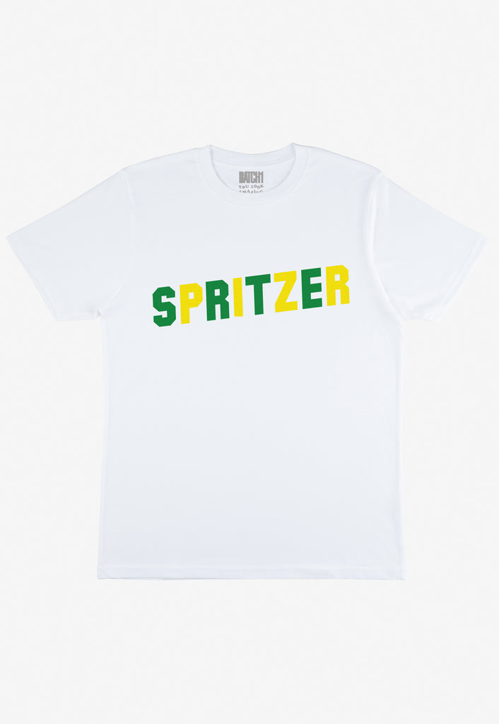 Flatlay of white tshirt with Spritzer slogan