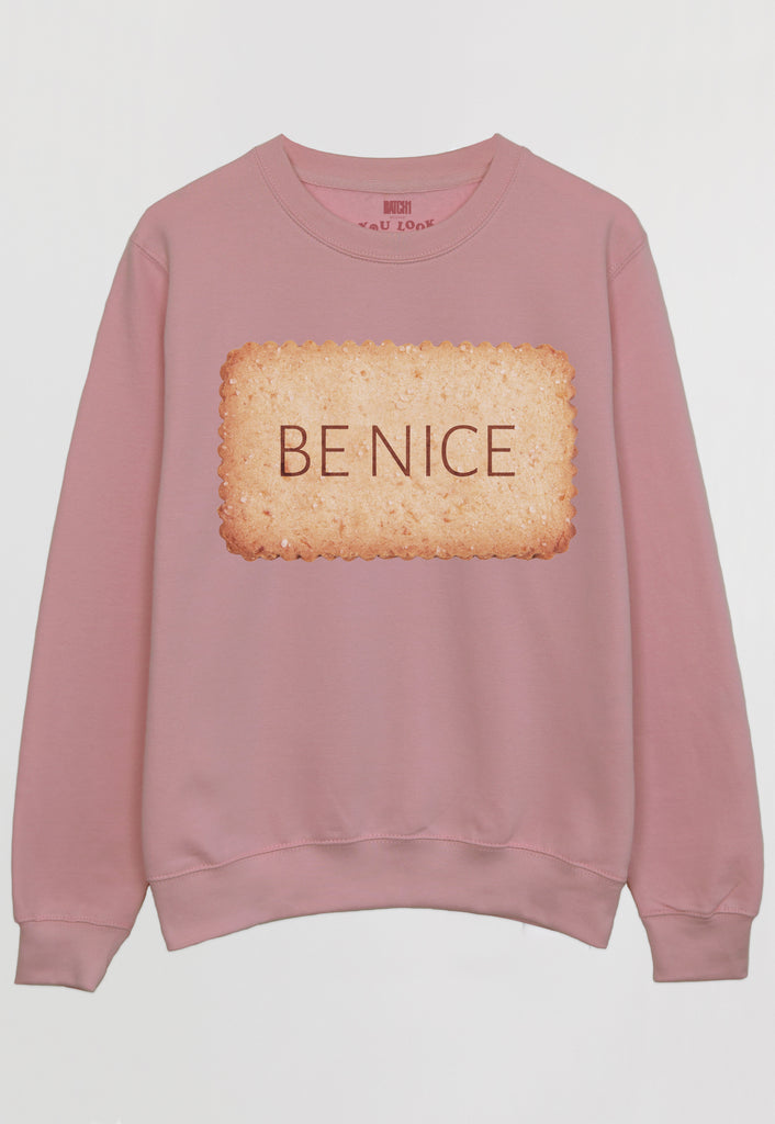 Flatlay of Be Nice slogan sweatshirt 