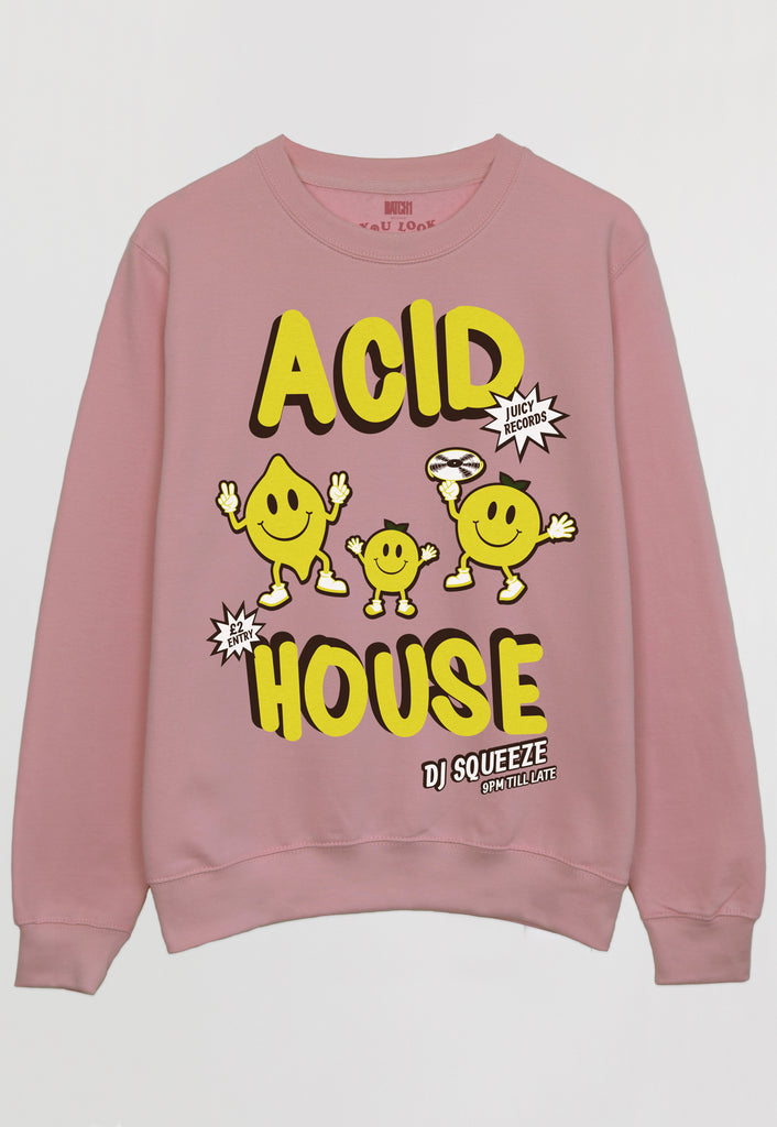 Flatlay of dusty pink sweatshirt with Acid House festival slogan and lemon character graphic 