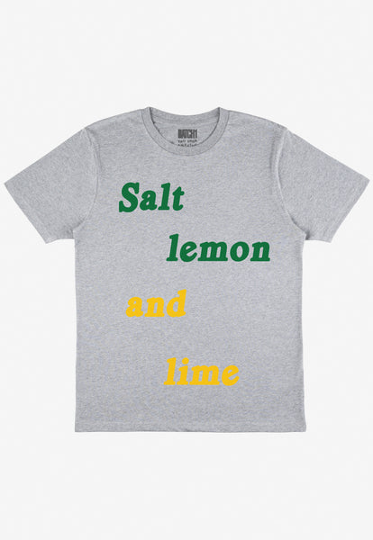 Flatlay of grey tshirt with Salt Lemon and Lime slogan 