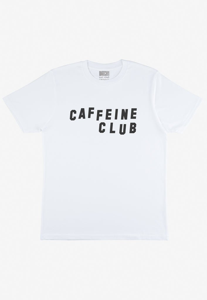 Flatlay of white tshirt with Caffeine club slogan 