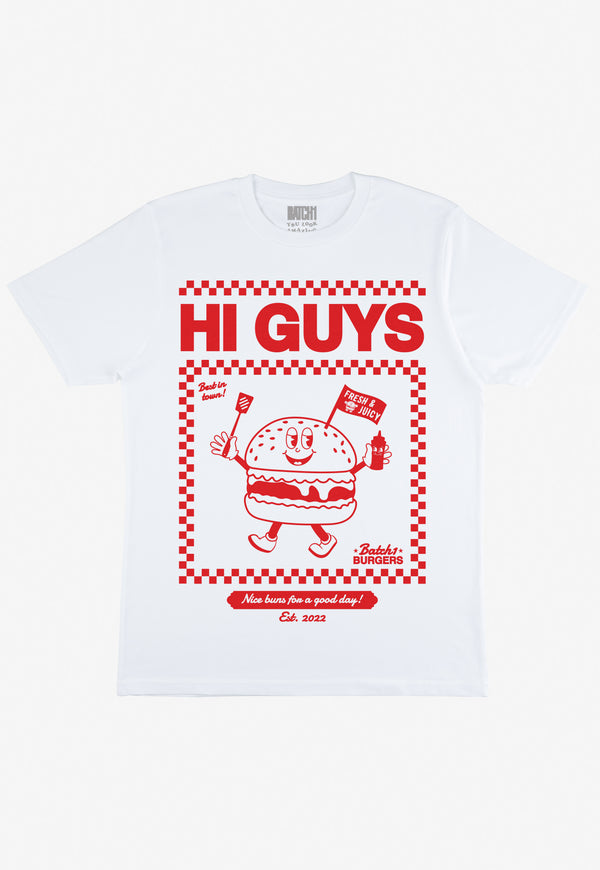 Flatlay of Hi Guys slogan tshirt