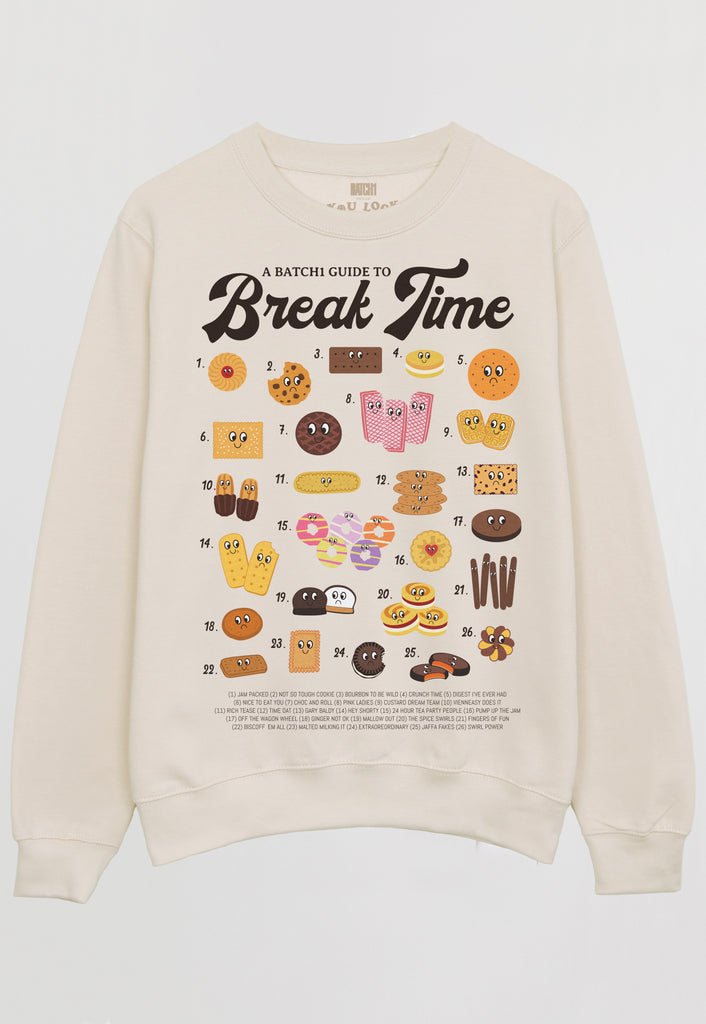 Flatlay of Break Time slogan sweatshirt 