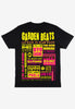 flatlay of black tshirt with Garden Beats festival graphic 