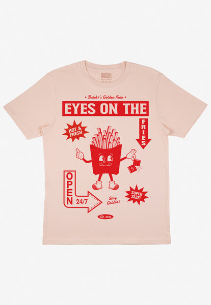 Flatlay of Eyes on the fries slogan tshirt