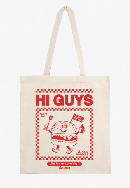 printed unisex tote bag with vintage style burger graphic and hi guys slogan
