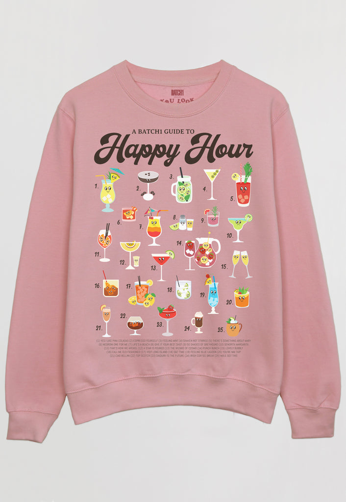 Flatlay of dusty pink sweatshirt with Happy Hour slogan and cocktail guide print 