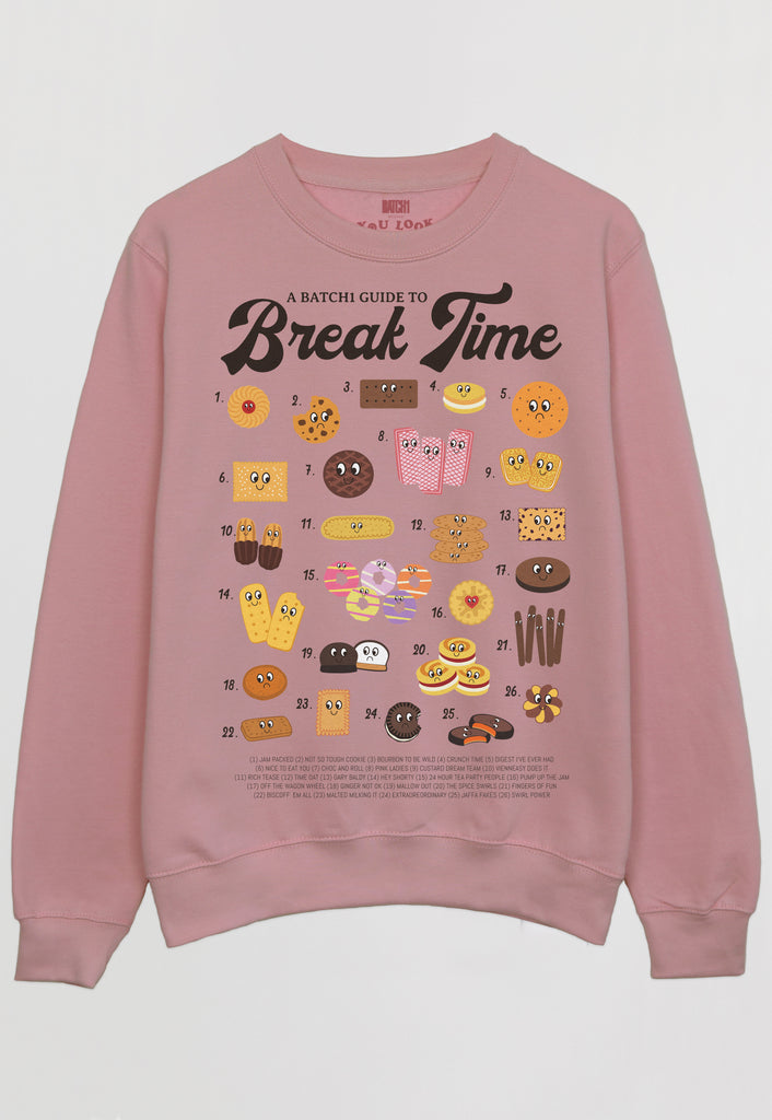 Flatlay of dusty pink sweatshirt with Break Time slogan and biscuit guide graphic