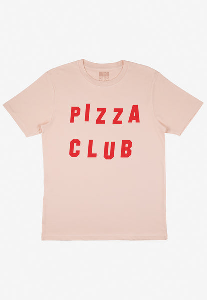 Flatlay of dusty peach tshirt with Pizza Club slogan