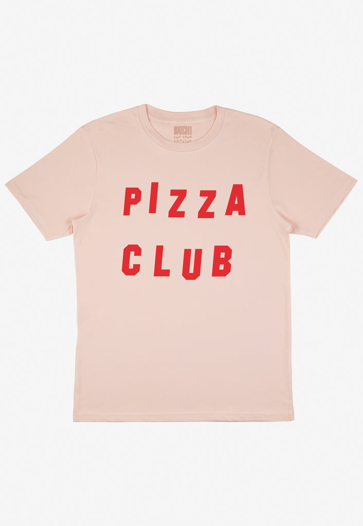 Flatlay of dusty peach tshirt with Pizza Club slogan