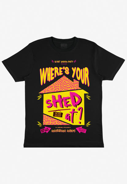 Flatlay of black tshirt with Where's Your Head At festival slogan 