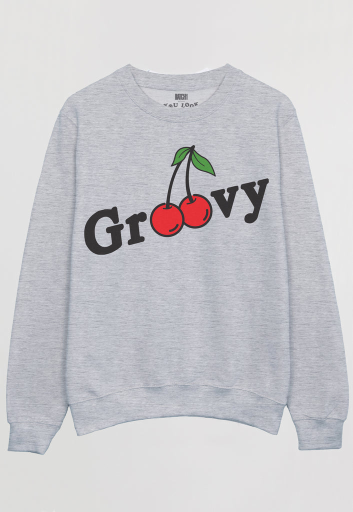 Flatlay of grey sweatshirt with groovy slogan and cherry graphic