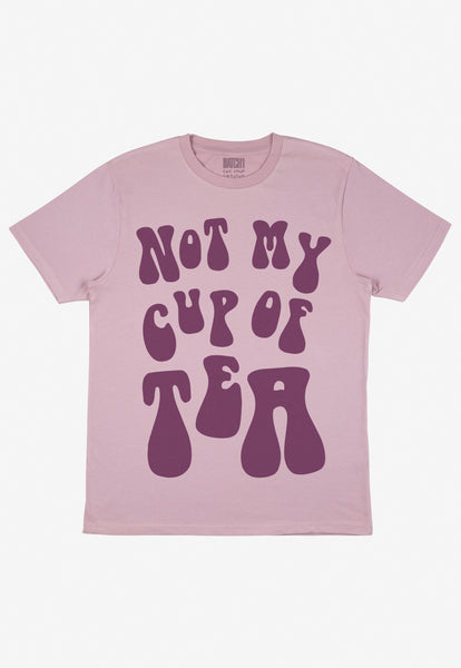 Flatlay of dusty purple tshirt with Not My Cup Of Tea slogan 