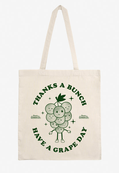 natural cotton tote bag with vintage fruit character logo in green print and fun slogan