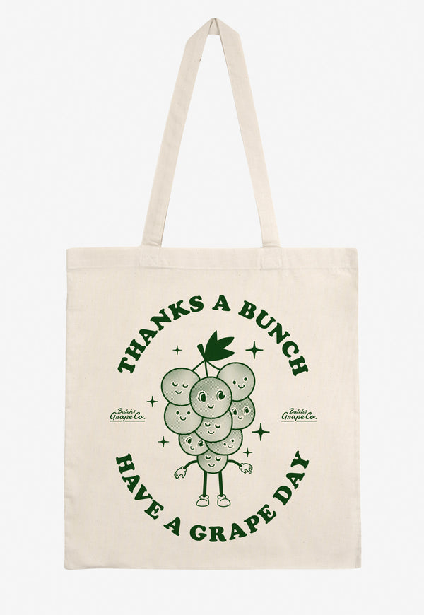 natural cotton tote bag with vintage fruit character logo in green print and fun slogan