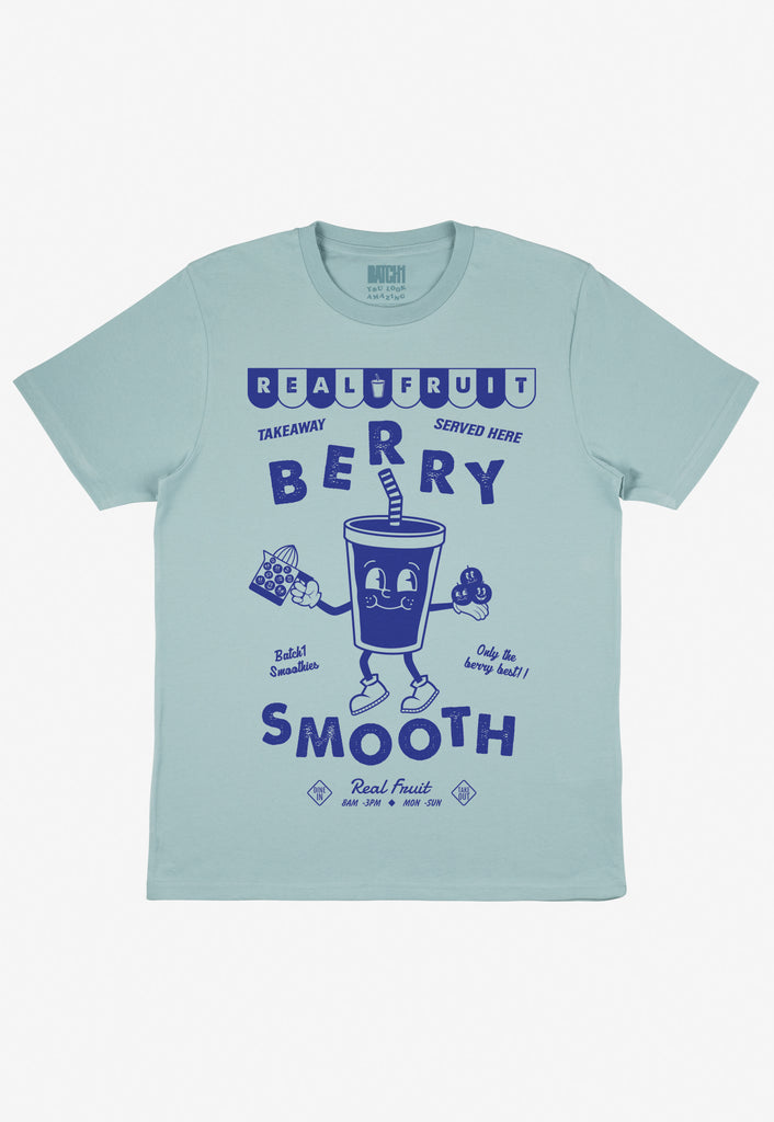 Flatlay of dusty green tshirt with berry smooth slogan print 
