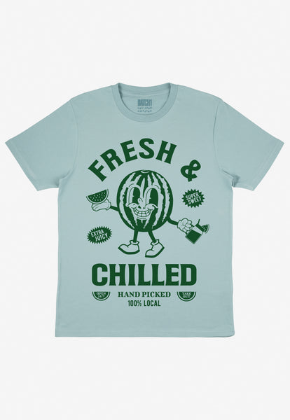 Flatlay of dusty green tshirt with so fresh and chilled slogan print 