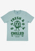 Flatlay of dusty green tshirt with so fresh and chilled slogan print 