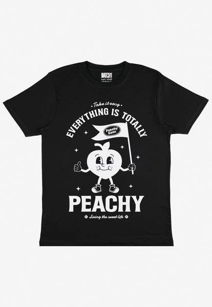 Flatlay of black tshirt with everything is peachy printed slogan