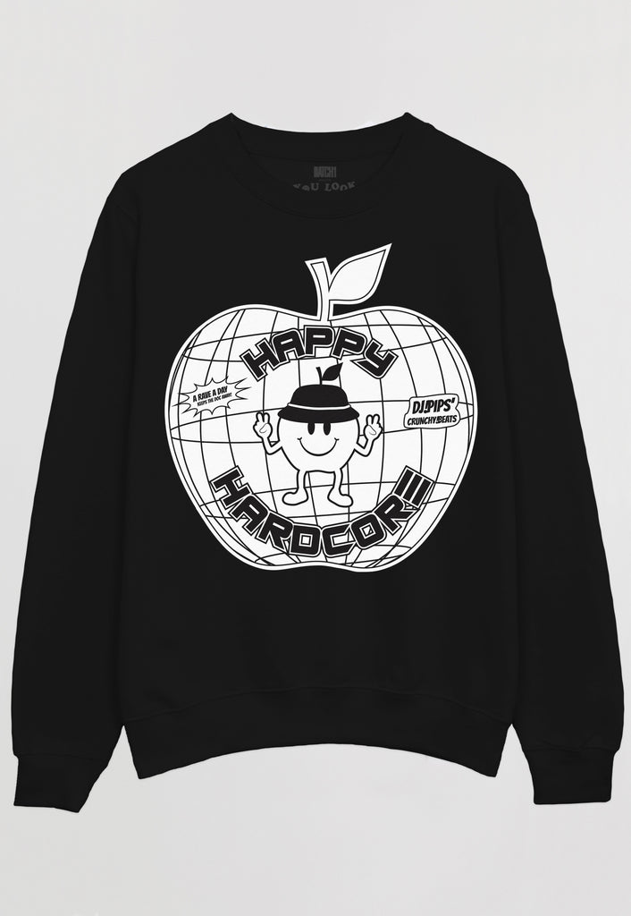 Flatlay showing black sweatshirt with happy hardcore slogan within 90s rave style graphics in white print