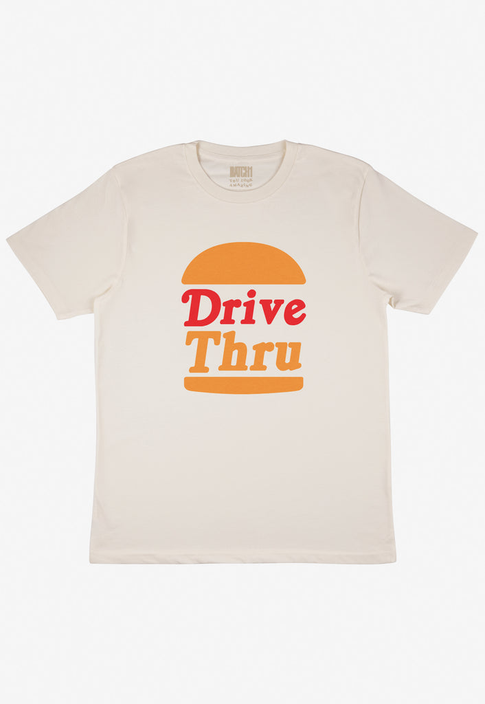 Flatlay of sand tshirt with Drive Thru slogan and burger graphic
