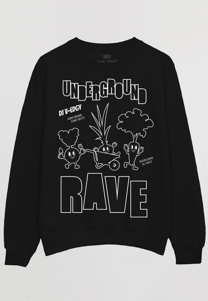 Flatlay of women's black sweatshirt with 'underground rave' slogan and veggie character graphics in white print