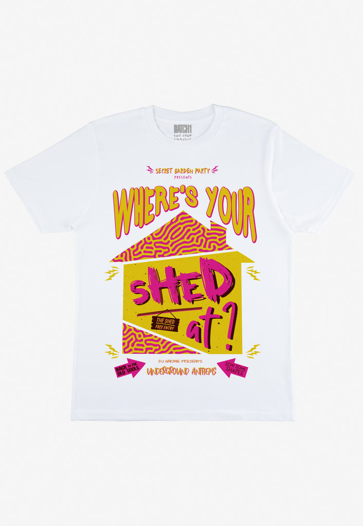 Flatlay of white unisex fit t-shirt with bright yellow and pink printed festival style graphics and where's your shed at slogan