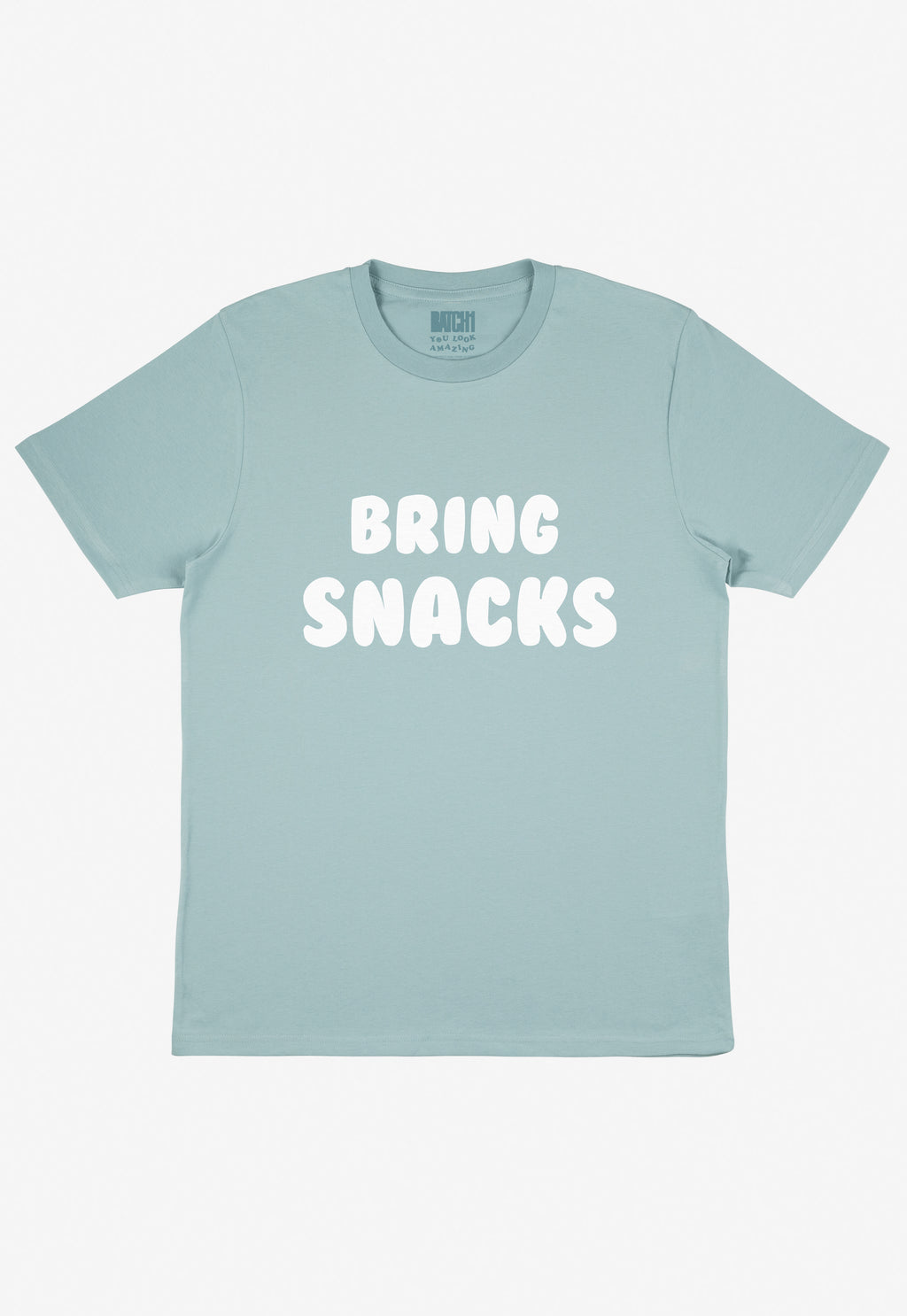 Flatlay Bring snacks ethically made slogan tshirt