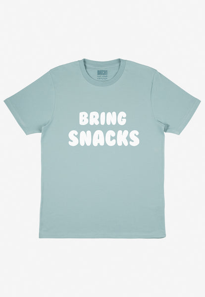 Flatlay Bring snacks ethically made slogan tshirt