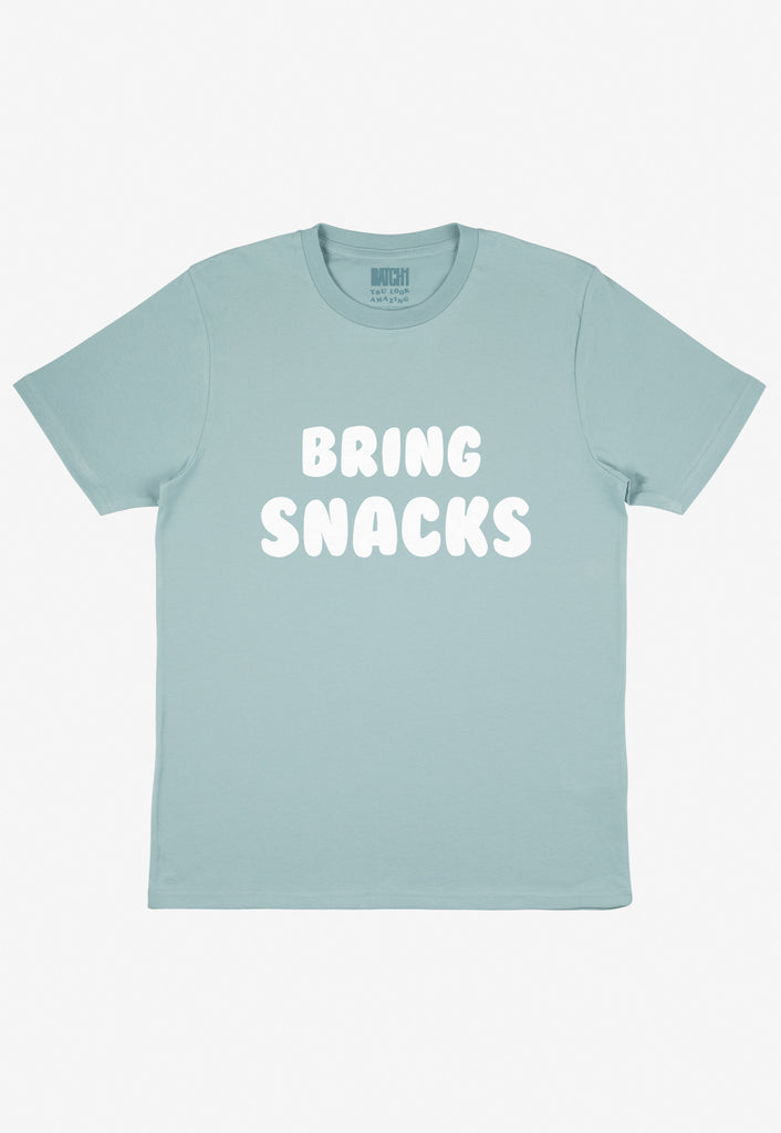 Flatlay Bring snacks ethically made slogan tshirt